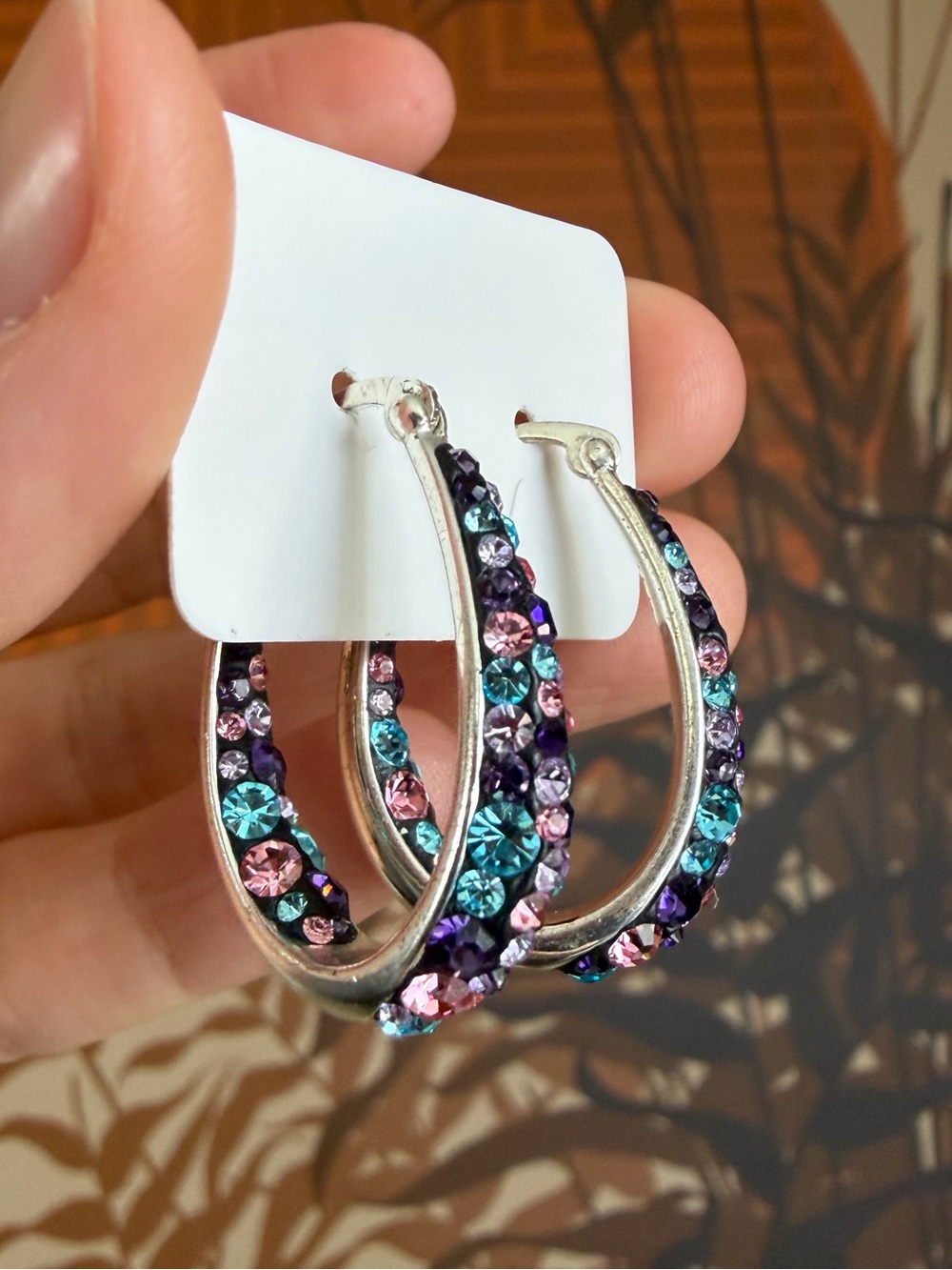 Vintage Signed JCM Thailand Brass Rhinestone Hoop Earrings